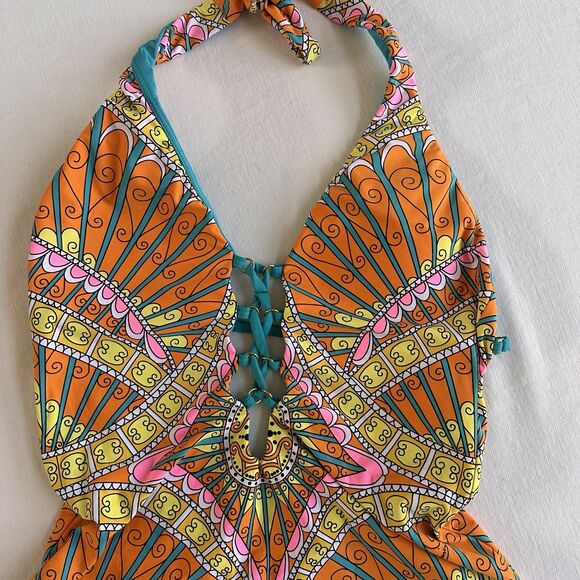 Trina Turk Capri Sherbet Halter Lace Up One Piece Swimsuit Sz 8 - Picture 3 of 8